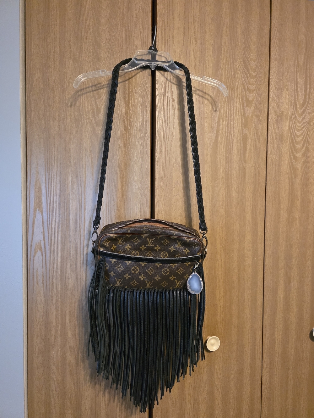 Vintage Boho Bag Monogram Fringe Crossbody with Black Strap